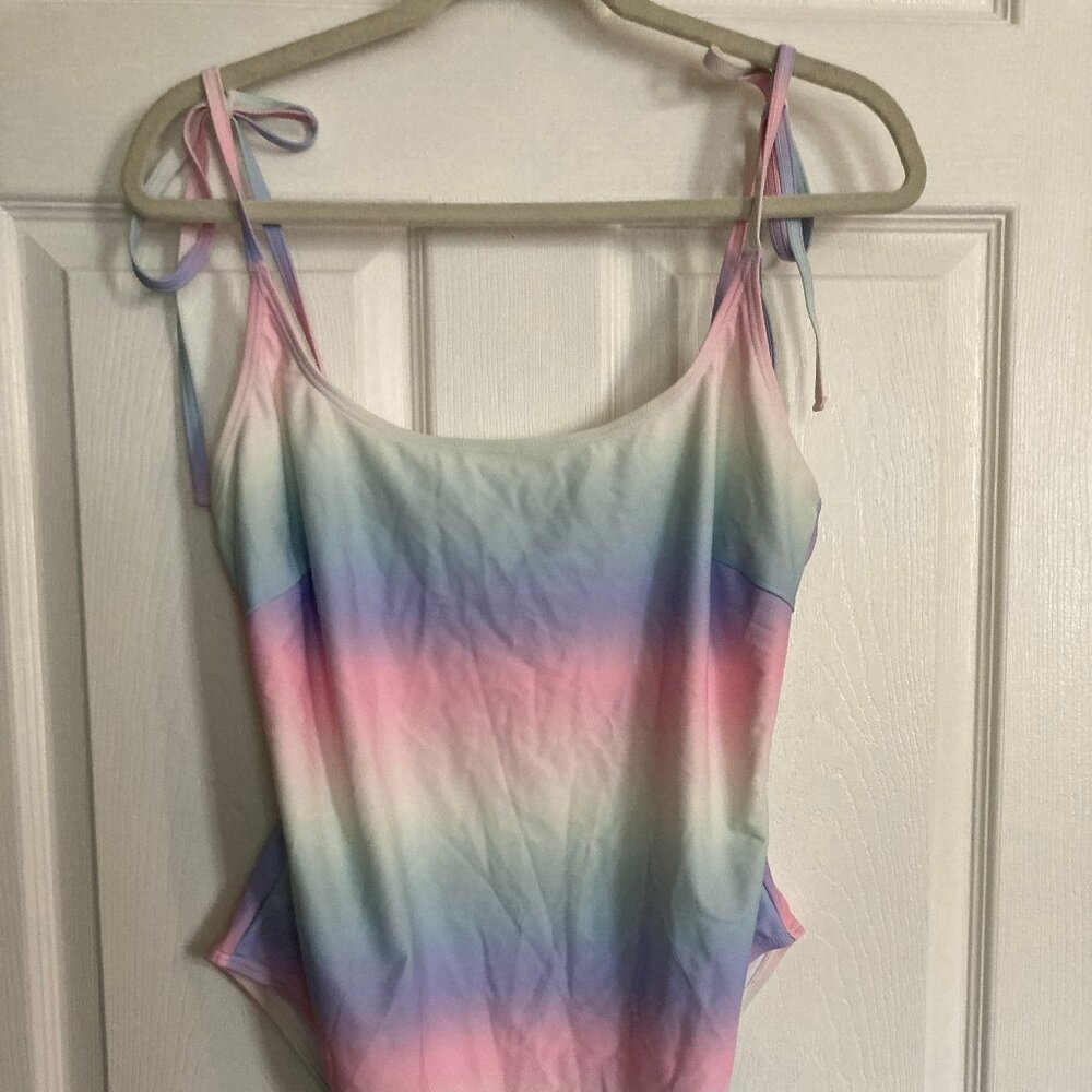 Miss Selfridge one-piece swimsuit in rainbow pastel ombre